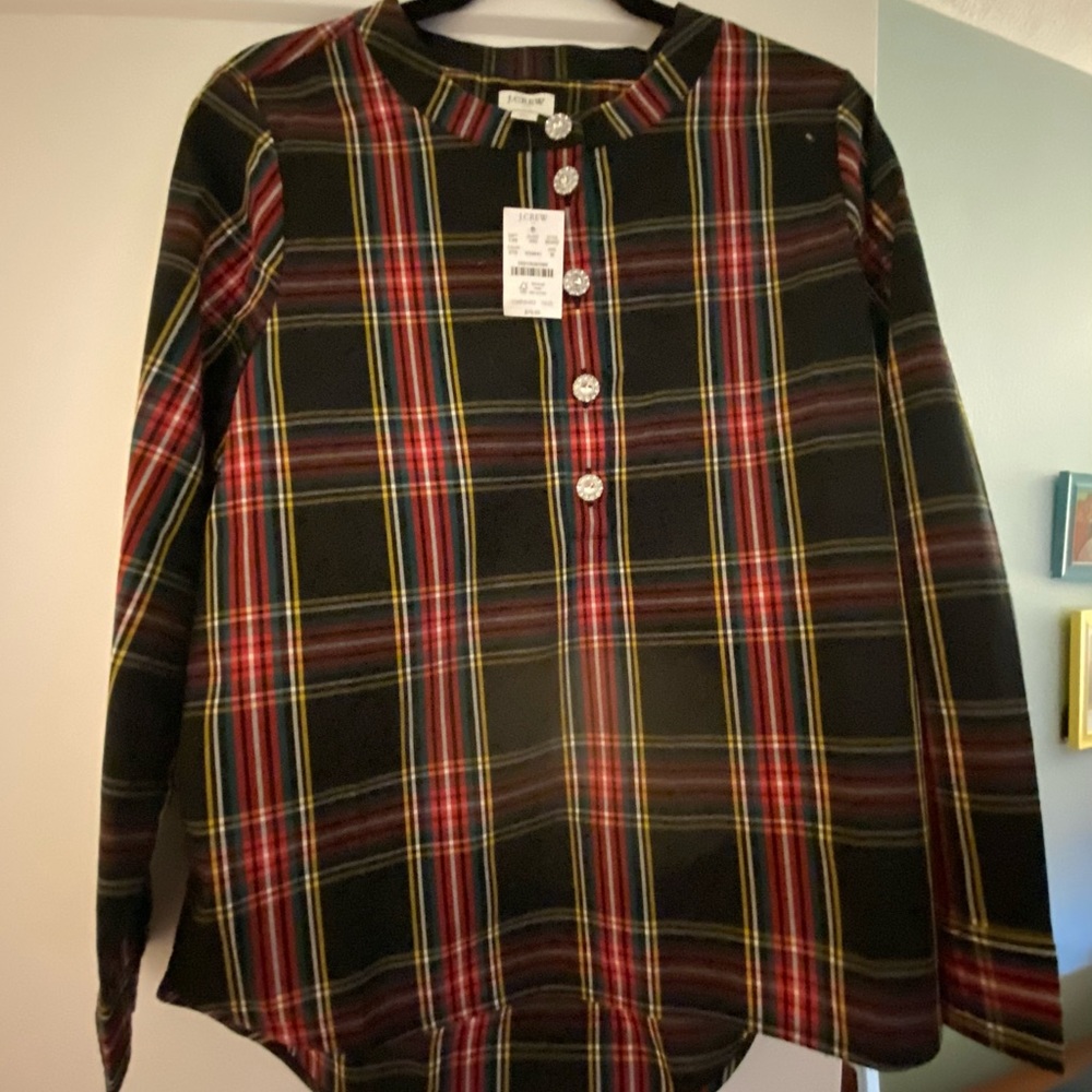 J Crew Factory tartan plaid top with jewel buttons, size medium. New with tags.